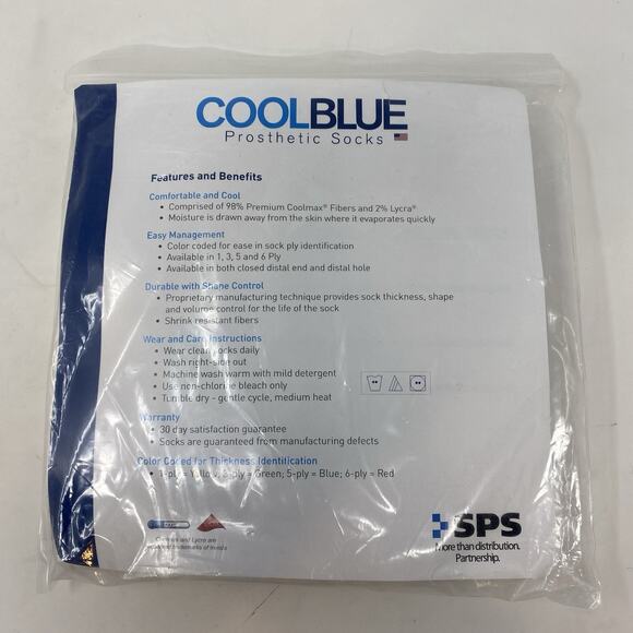 Cool Blue Prosthetic Socks 3 Ply, Size 1, 2 Length 22-26 White Green Trim NEW - Picture 1 of 3